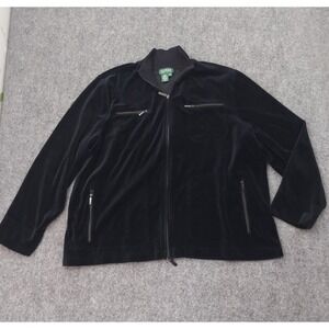 LRL Ralph Lauren Velvet Jacket Womens 3X Black Full Zip Pockets Mock Neck
